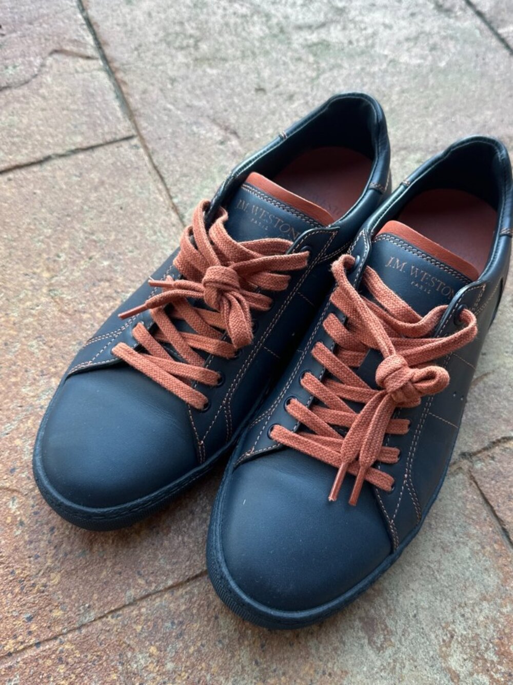 J.M. Weston x Roland Garros Navy Leather Sneakers Orange Laces